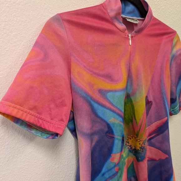 Vintage Pace Sportswear Colorful Tie Dye Floral Women's Cycling Jersey Top sz M - Picture 4 of 10